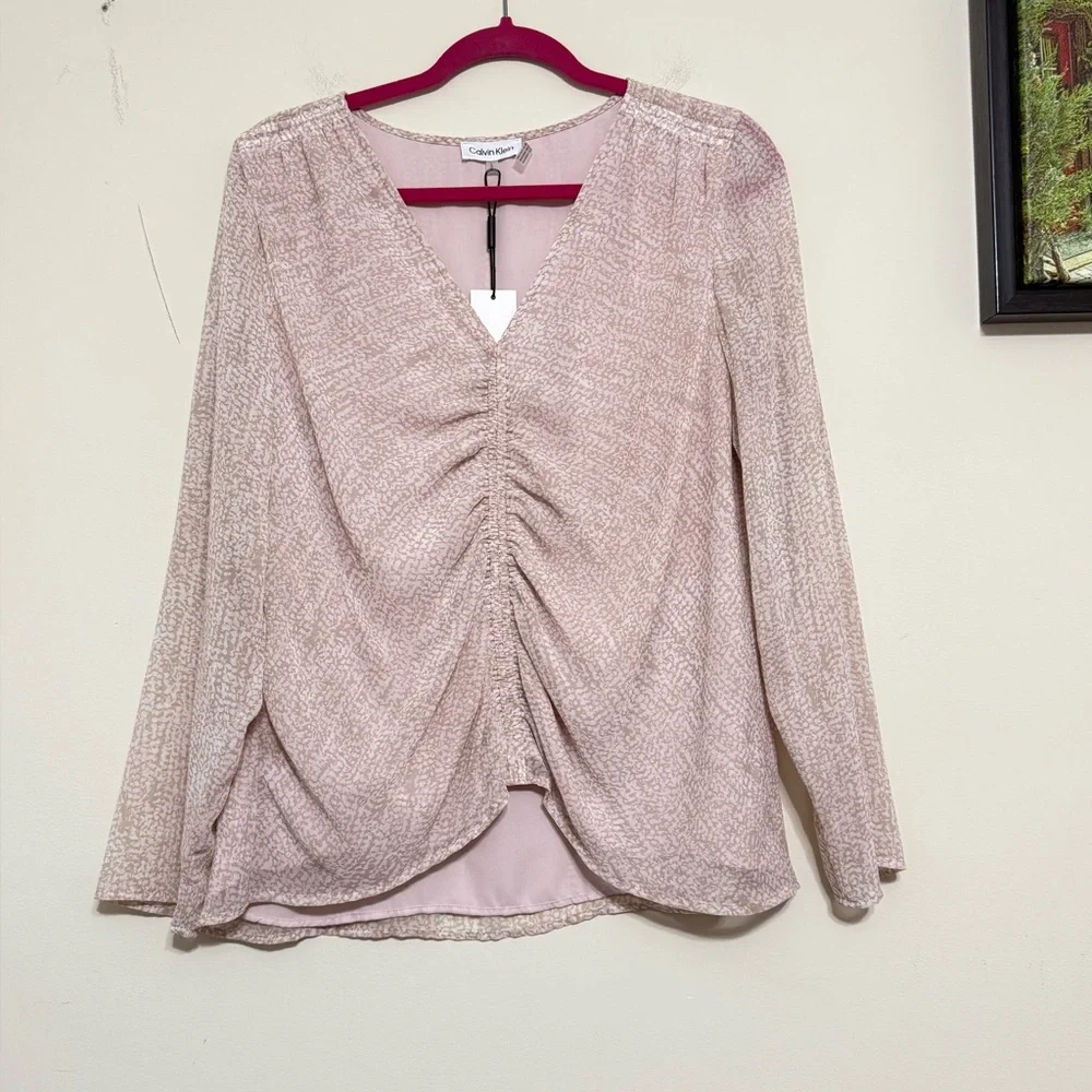 Calvin Klein NWT Blouse Ruched V-Neck Top Pink Light Tan Print Lined Size L - Picture 8 of 15